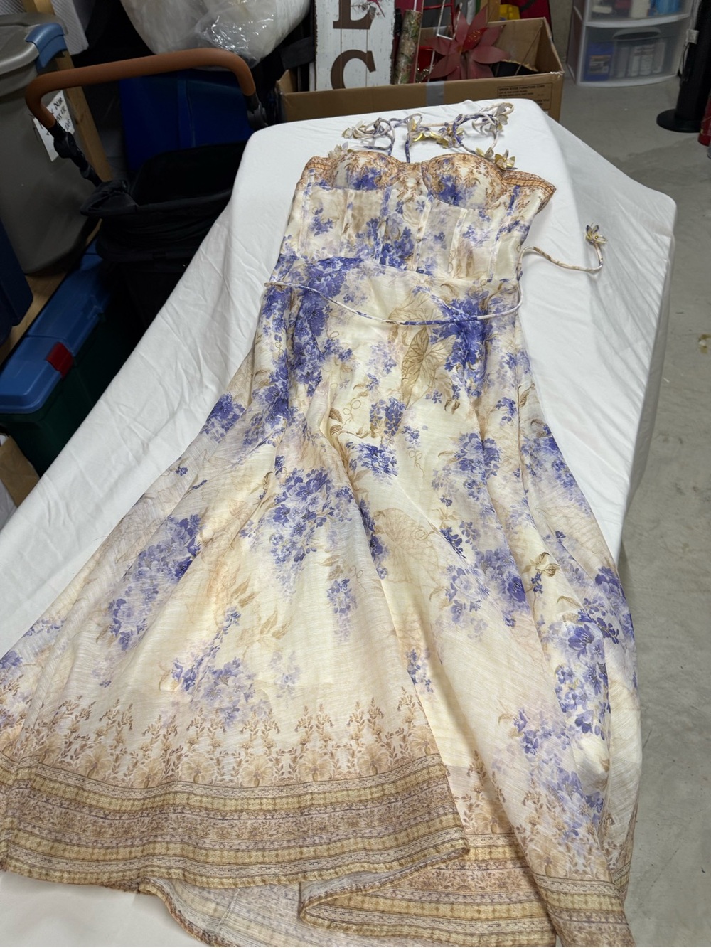 Sunday Strapless Floral Maxi Dress in Cream, Blue and Tan
